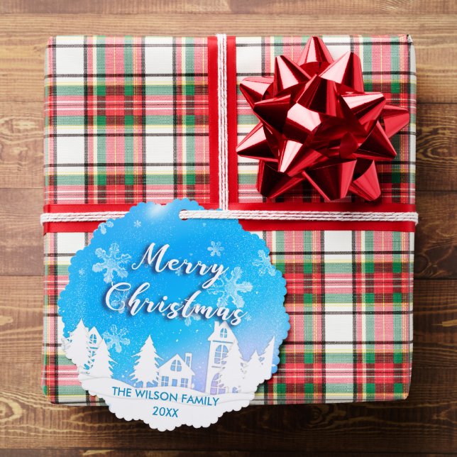 Blue Winter Wonderland White Snowy House Holiday Tree Decoration Card (Insitu (Gift))