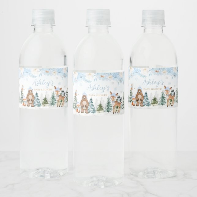 Blue Winter Woodland Animals Baby Shower Water Bottle Label (Bottles)