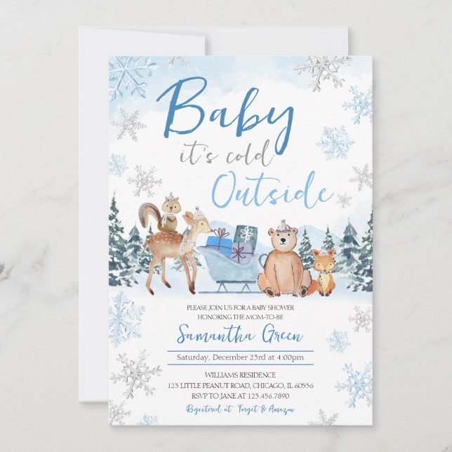 Blue Winter Woodland Baby Shower Invitation (Front)