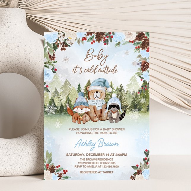 Blue Winter Woodland Baby Shower Invitation (Blue Floral Winter Baby Shower Invitation)