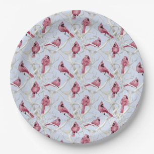 Blue Winter Woodland Christmas Cardinal Birds Paper Plate