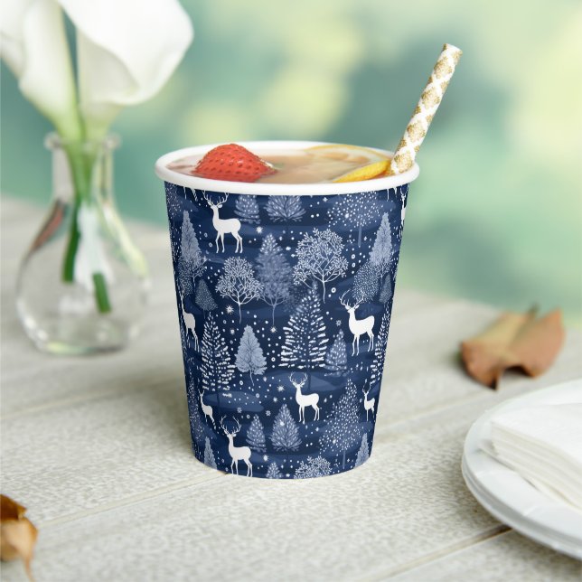 Blue Winter Woodland Christmas Reindeer Holiday Paper Cups (Insitu)