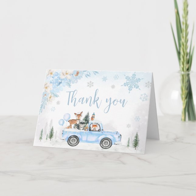 Blue Winter Woodland Truck Baby Shower  Thank You Card (Front)