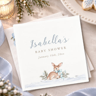 Blue Winter Woodland Watercolor Fawn Baby Shower Napkin