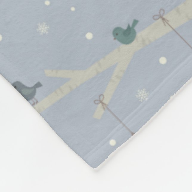 Blue Winter Xmas Birds on Tree Branch Fleece Blanket (Corner)