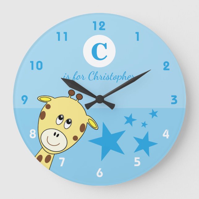 Blue with a cute giraffe stars baby name large clock (Front)
