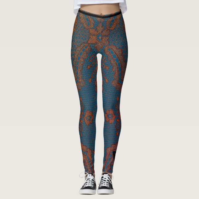 BLUE WITH ANTIQUE LACE PATTERN LEGGINGS (Front)