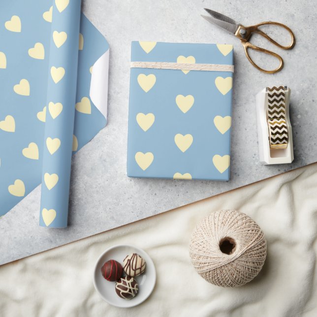 Blue with cream yellow hearts wrapping paper (Crafts)