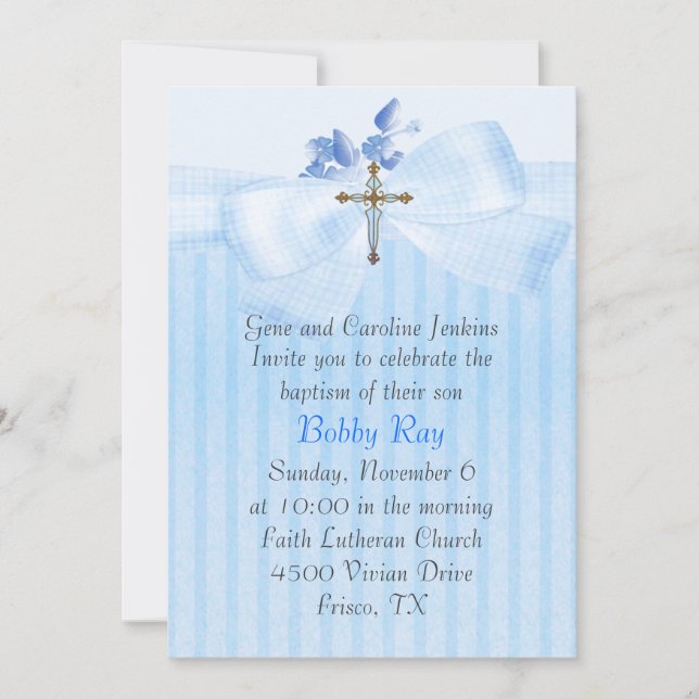 Blue with Cross Boy's Baptism Invitation (Front)