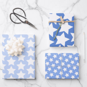 Blue with Fun, White Stars Pattern Wrapping Paper Sheet