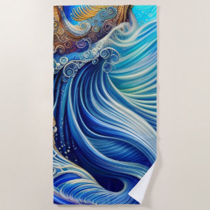 Blue with Gold Abstract Ocean Waves Artwork Beach Towel