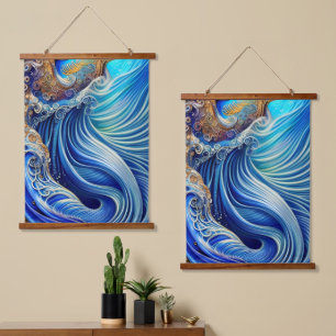 Blue with Gold Abstract Ocean Waves Artwork Hanging Tapestry