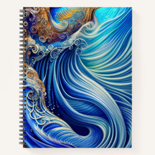 Blue with Gold Abstract Ocean Waves Artwork Notebook