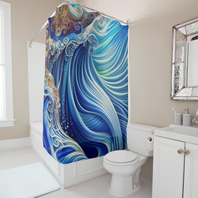 Blue with Gold Abstract Ocean Waves Artwork Shower Curtain (In Situ)