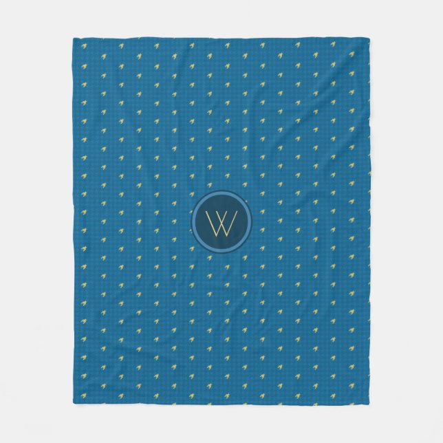 Blue with Gold Accent Houndstooth Fleece Blanket (Front)
