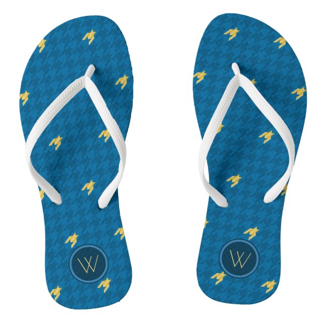 Blue with Gold Accent Houndstooth Flip Flops (Footbed)