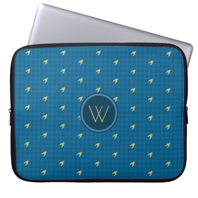 Blue with Gold Accent Houndstooth Laptop Sleeve (Front)