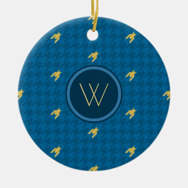 Blue with Gold Accent Houndstooth Ornament (Front)