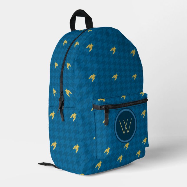 Blue with Gold Accent Houndstooth Printed Backpack (Back Corner Left)