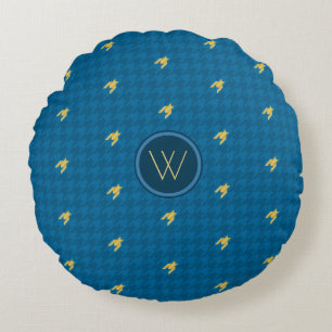 Blue with Gold Accent Houndstooth Round Pillow