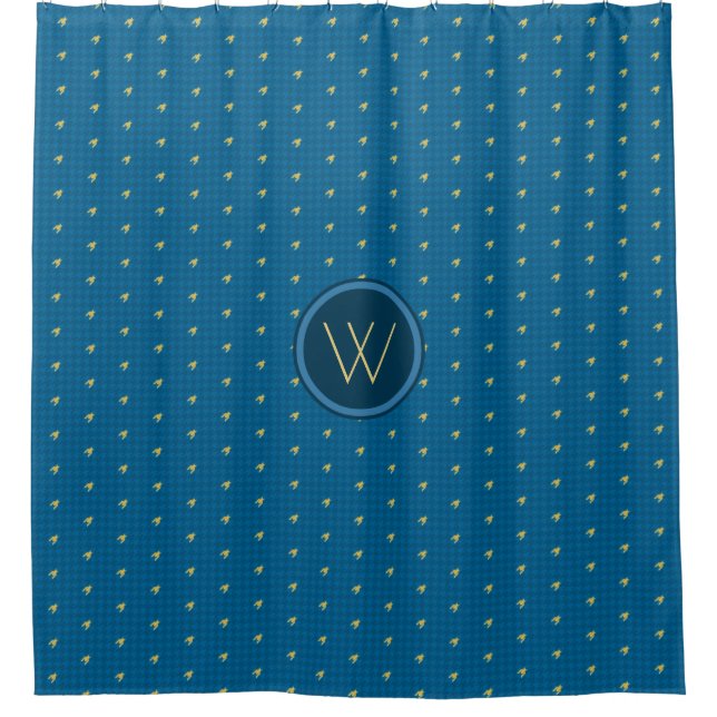 Blue with Gold Accent Houndstooth Shower Curtain (Front)