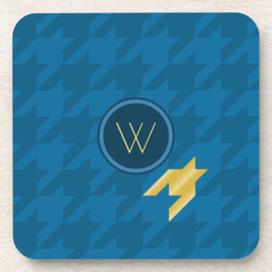 Blue with Gold Accent Houndstooth Square Coaster
