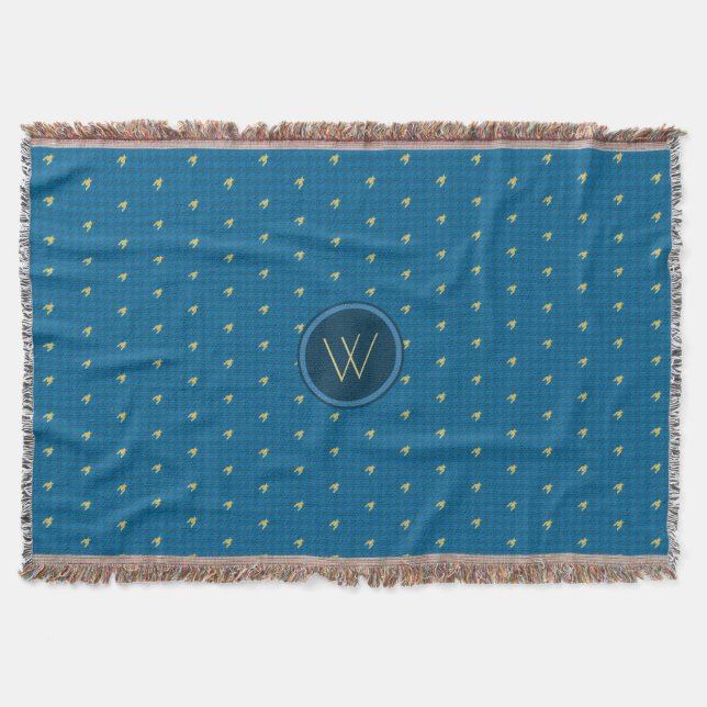 Blue with Gold Accent Houndstooth Throw Blanket (Front)