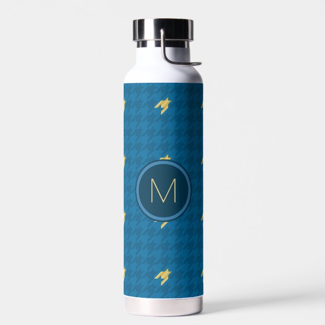 Blue with Gold Accent Houndstooth Water Bottle (Left)