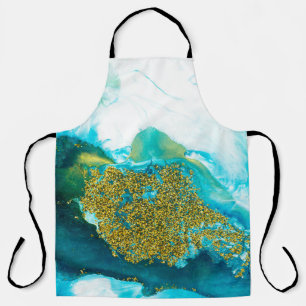 Blue with gold glitter fluid art, creative abstrac apron