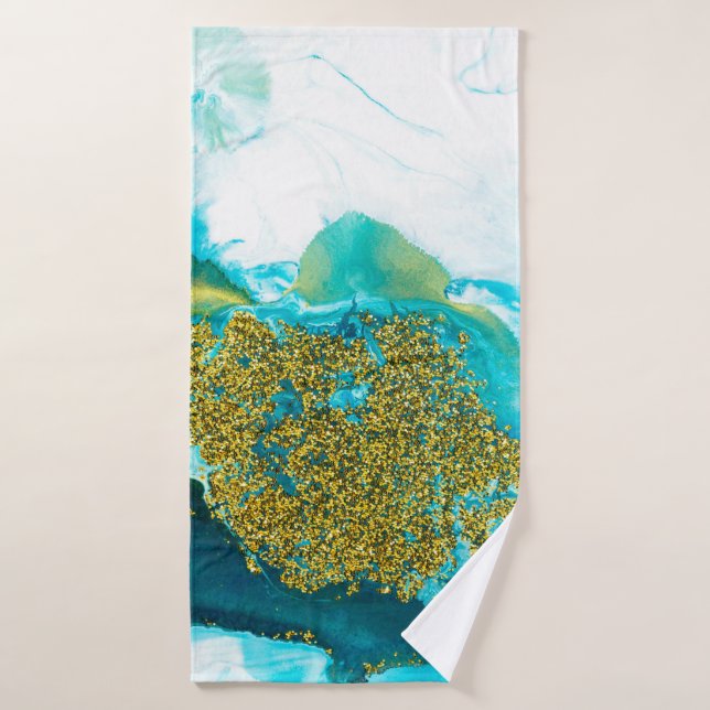 Blue with gold glitter fluid art, creative abstrac bath towel (Bath Towel)