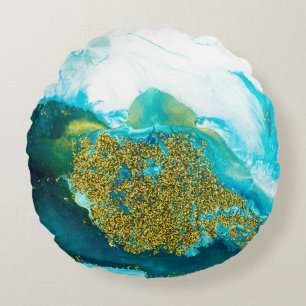 Blue with gold glitter fluid art, creative abstrac round cushion