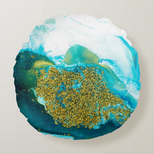 Blue with gold glitter fluid art, creative abstrac round cushion (Front)