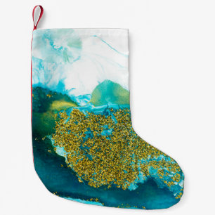 Blue with gold glitter fluid art, creative abstrac small christmas stocking