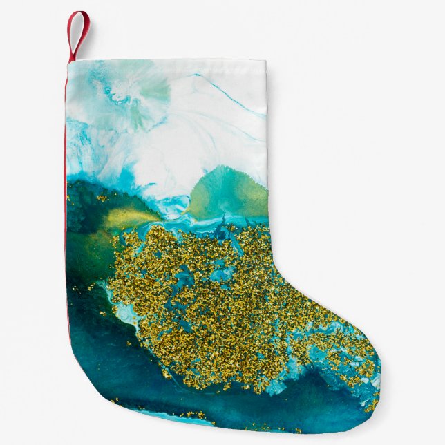Blue with gold glitter fluid art, creative abstrac small christmas stocking (Front)