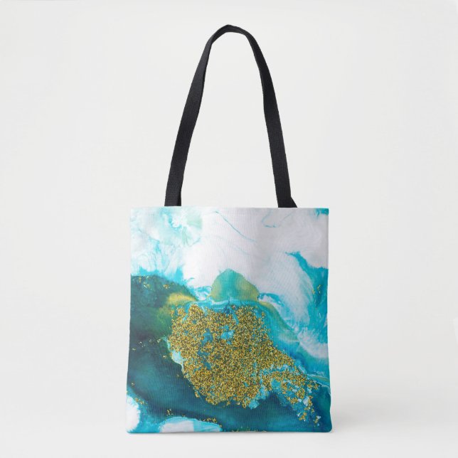 Blue with gold glitter fluid art, creative abstrac tote bag (Front)