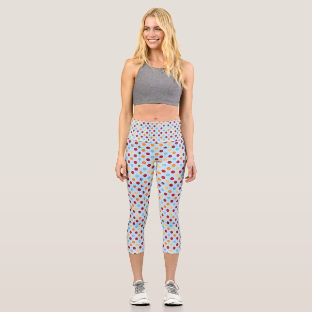 Blue with Multi-coloured Polka Dot Capri Leggings (Front)