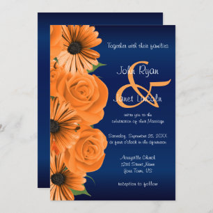 Blue with Orange Rose & Daisy Wedding Invitations
