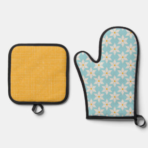 BLUE WITH ORANGE & WHITE DAISY FLOWERS OVEN MITT & POT HOLDER SET