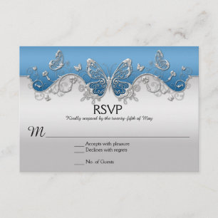 Blue with Ornate Silver Butterflies RSVP Card