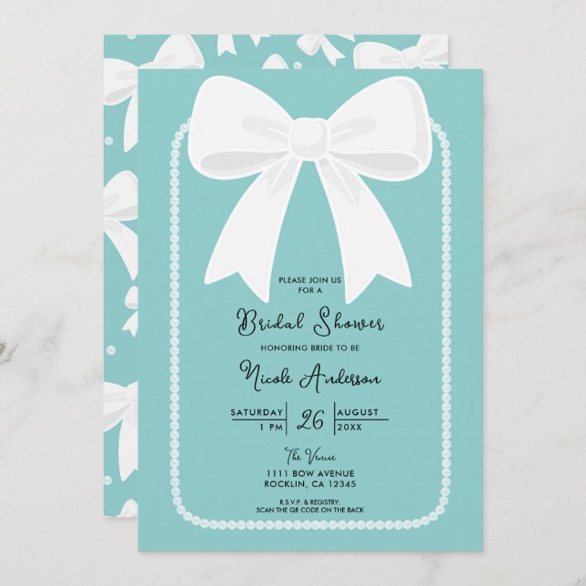 Blue With Pearls White Bows Coquette Bridal Shower Invitation (Front/Back)