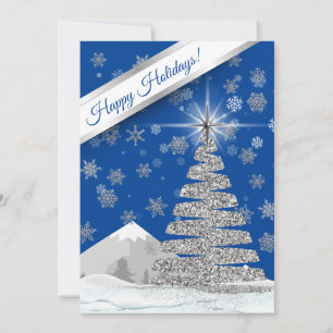 Blue with Silver Christmas Tree Photo Holiday Card