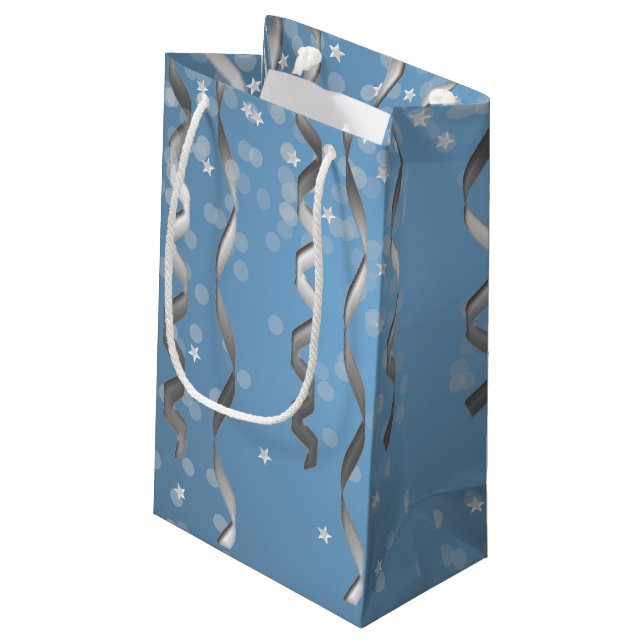 Blue with Silver Streamers and Stars Small Gift Bag (Back Angled)