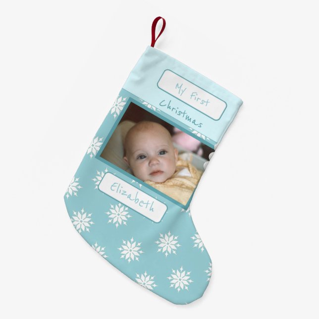 Blue with snowflakes photo and name Baby first Small Christmas Stocking (Front (Hanging))