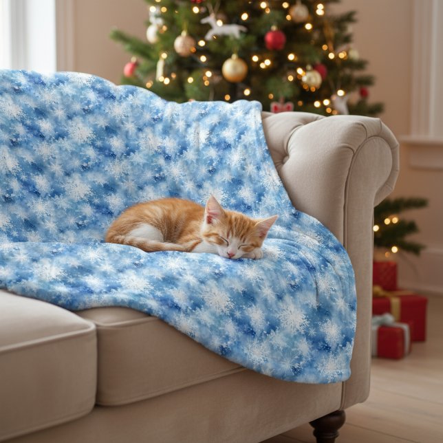 Blue with Snowflakes Watercolor Style Fleece Blanket (Creator Uploaded)