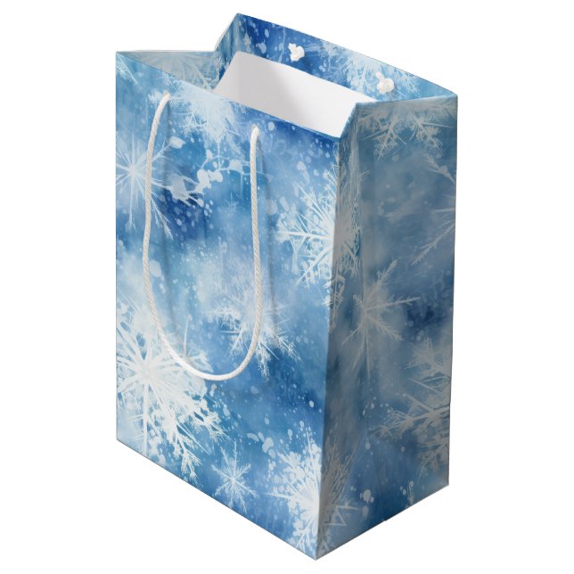 Blue with Snowflakes Watercolor Style Medium Gift Bag (Back Angled)