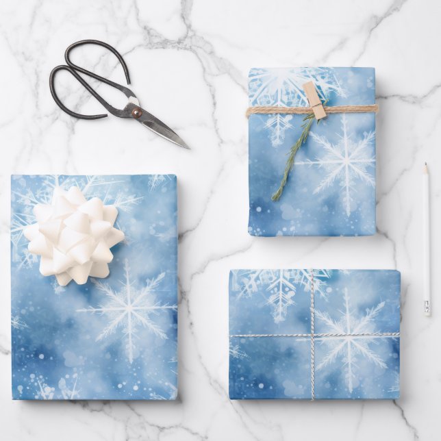 Blue with Snowflakes Watercolor Style Wrapping Paper Sheet (Front)
