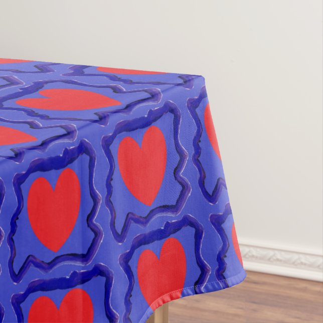 Blue with tiny red hearts and flowing shiny border tablecloth (In Situ)