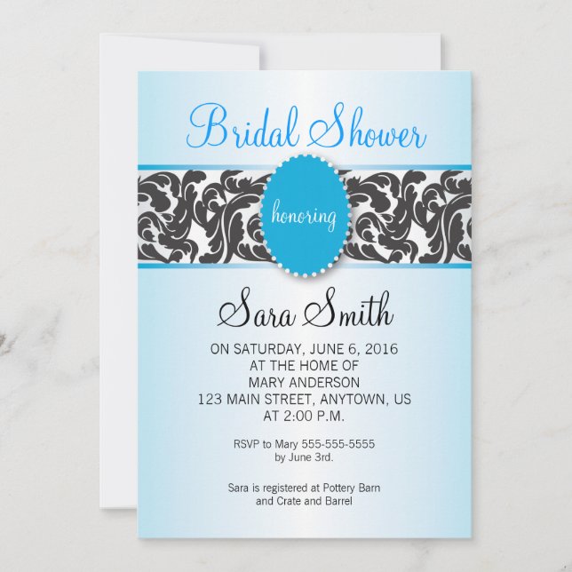 Blue with Vintage Black Swirls Bridal Shower Invitation (Front)