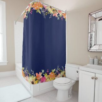 BLUE WITH WATERCOLOR FLOWERS SHOWER CURTAIN