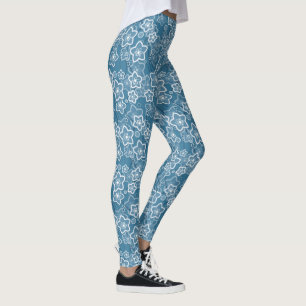 blue with white, blue, flowers, floral, rustic, fa leggings